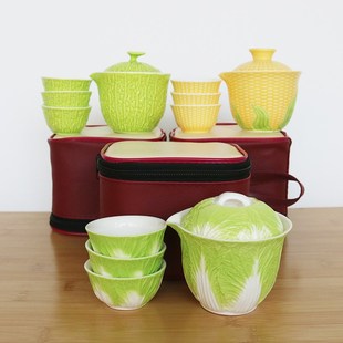 百财茶壶单个白菜样子家用茶杯茶碗带盖蔬菜陶瓷一壶三杯旅行套装