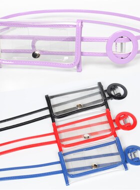 时尚百搭塑料腰包撞色透明腰带式手机零钱包包女士紫色细皮带装饰