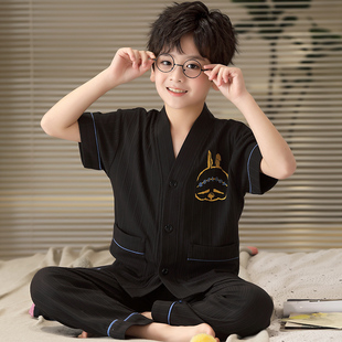 男孩中小学生夏天透天套装 男童睡衣夏季 宝宝春秋薄款 短袖 纯棉长裤
