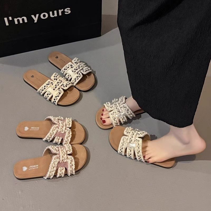 软羊皮~珍珠法式凉拖鞋女夏外穿新款平底防滑配裙子温柔一字拖鞋,女鞋,一字拖,淘宝优惠券,粉丝福利购,淘宝优惠卷