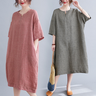 V领中长款 实拍2022新款 短袖 女装 A字裙子 棉麻格子连衣裙胖MM大码