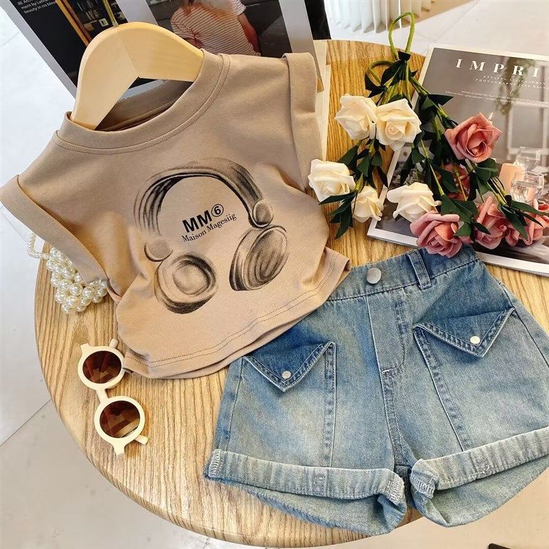 女童套装夏装2025新款儿童韩版短袖T恤洋气牛仔短裤两件套女孩潮,童装/婴儿装/亲子装,套装,淘宝优惠券,粉丝福利购,淘宝优惠卷