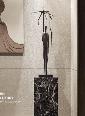 创意撑伞人摆件抽象金属人物雕塑售楼处酒店样板间落地装置艺术品