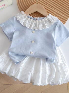 女童套装两件套夏装蓝色花边上衣+白色花苞裤夏装小朋友洋气夏装