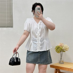 显瘦遮肉淑女甜美上衣气质通勤内 女夏短袖 宛宛大尺码 胖MM蕾丝小衫