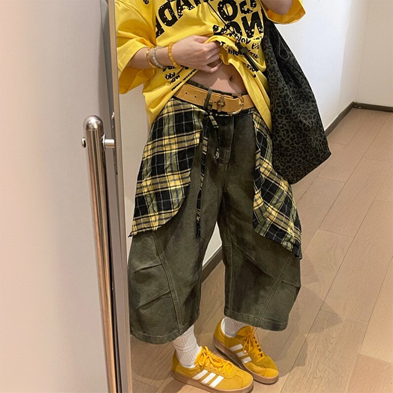 胖mm大码复古军绿色七分牛仔短裤女夏季小个子显瘦遮肉阔腿中裤子