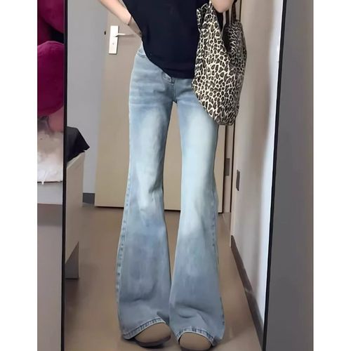 高腰微喇梨形身材牛仔裤女早秋新款大码胖mm宽松显瘦拖地阔腿裤子