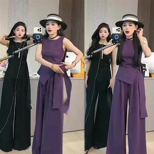 休闲 时尚 套装 女V领砍袖 两件 欧货2025夏季 上衣显瘦阔腿裤 新款