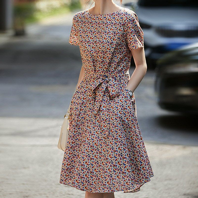 女人好闺蜜温柔碎花裙子新款印花夏季女装系带A字中长连衣裙夏天