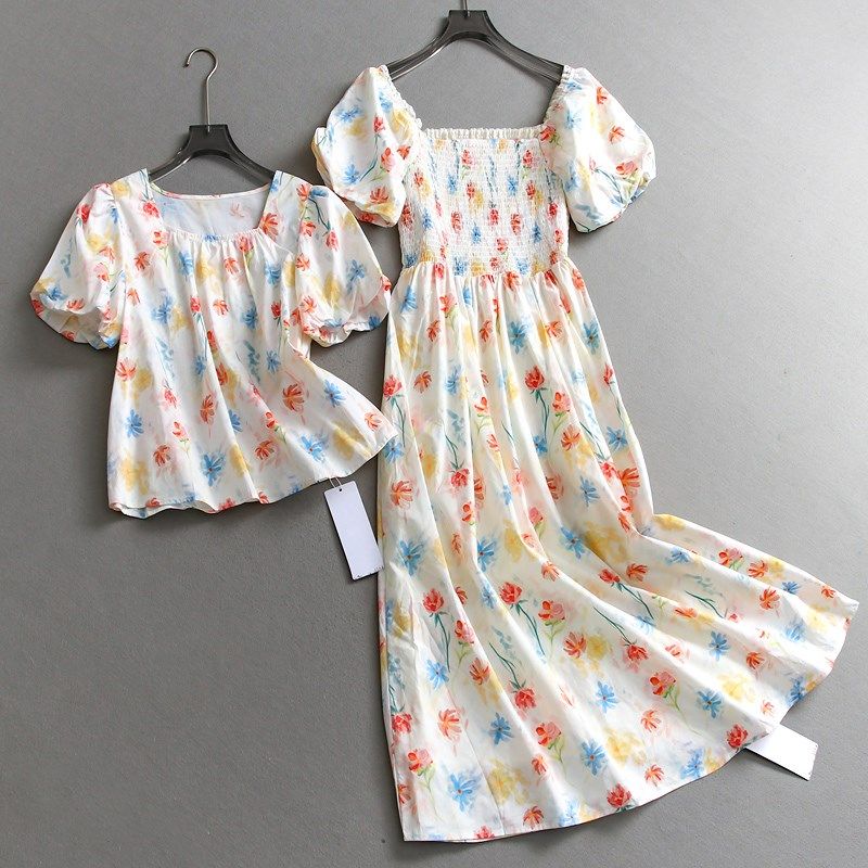 彩色碎花裙独特漂亮掐腰方领褶皱法式泡泡短袖长裙女裙连衣裙C589,女装/女士精品,连衣裙,淘宝优惠券,粉丝福利购,淘宝优惠卷