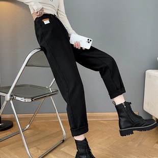 显瘦宽松微胖哈伦女裤 加绒松紧高腰萝卜裤 子 女2024冬季 老爹牛仔裤