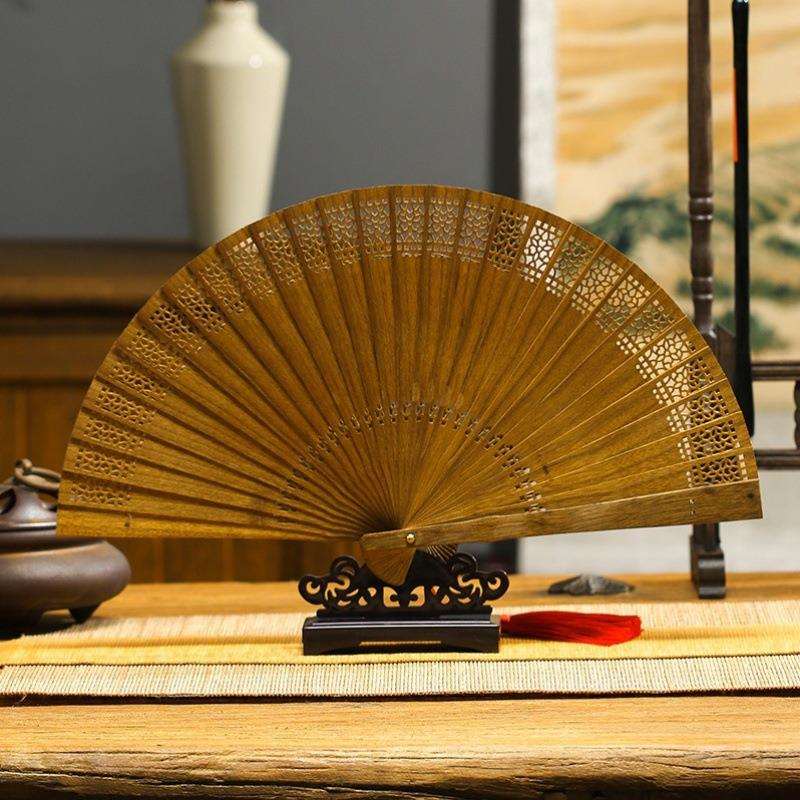绿檀镂空折扇古风小叶紫檀金丝楠乌木黄花梨檀木崖柏工艺扇子