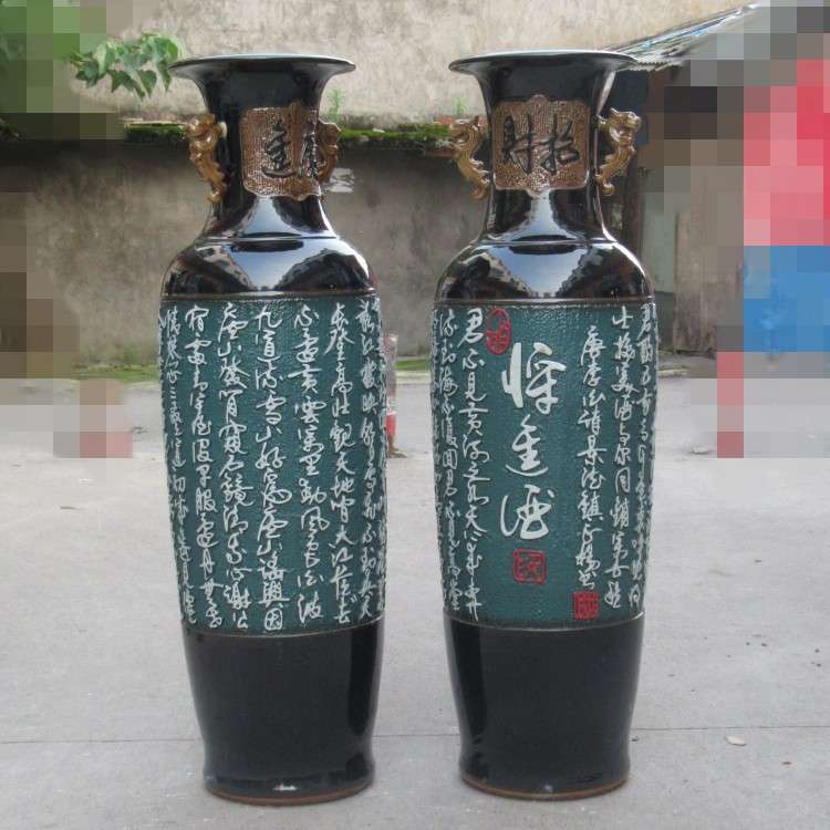 景德镇陶瓷花瓶仿古雕刻颜色釉 双耳陶瓷落地大花瓶 工艺品
