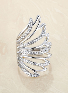 日韩时尚个性食指戒指女满钻玫瑰金色翅膀羽毛镂R空夸张指环开口