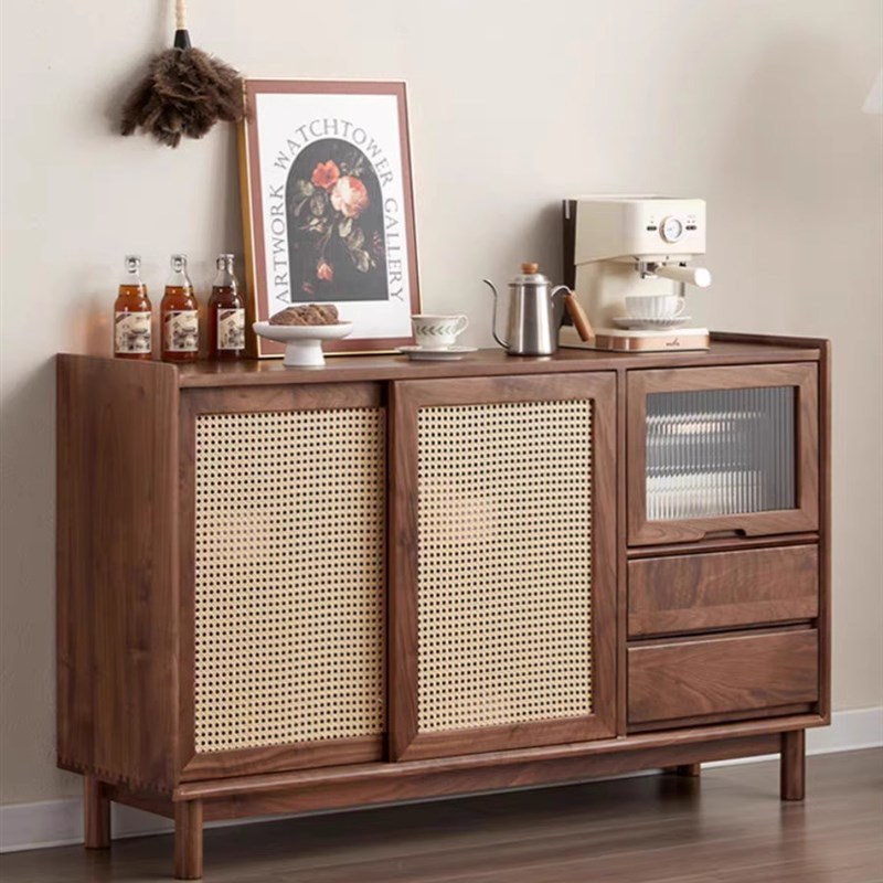 日式实木餐边柜多k功能储物藤编柜简约客厅茶水柜小户型靠墙玄关