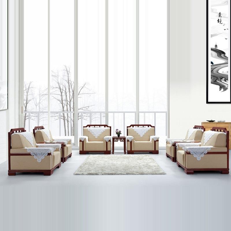 实木复古办公会议室布艺单人会客区商务洽谈贵宾接待沙发茶几组合