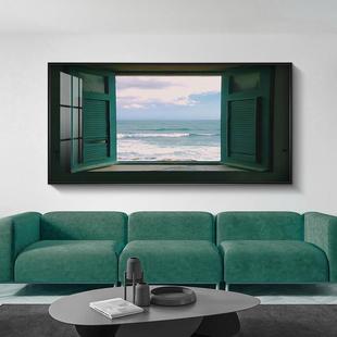 迷情海岸北欧复古轻奢客厅装饰画后现代窗户海景大幅壁画公寓挂画