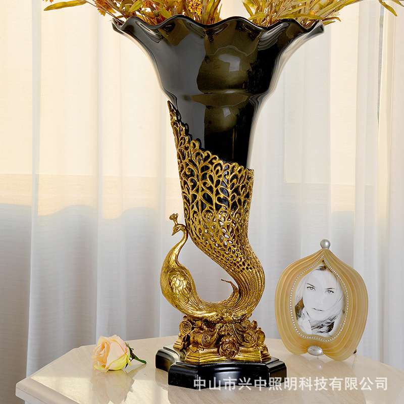 美式黑色陶瓷配铜玄关装饰摆件欧式古典样板台灯烛台艺术装饰品