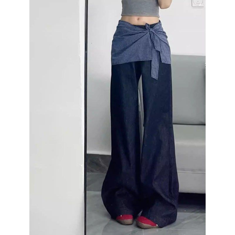 大码胖mm美式复古假两件格纹绑带牛仔裤女夏季叠穿高腰阔腿拖地裤,女装/女士精品,大码裤装,淘宝优惠券,粉丝福利购,淘宝优惠卷