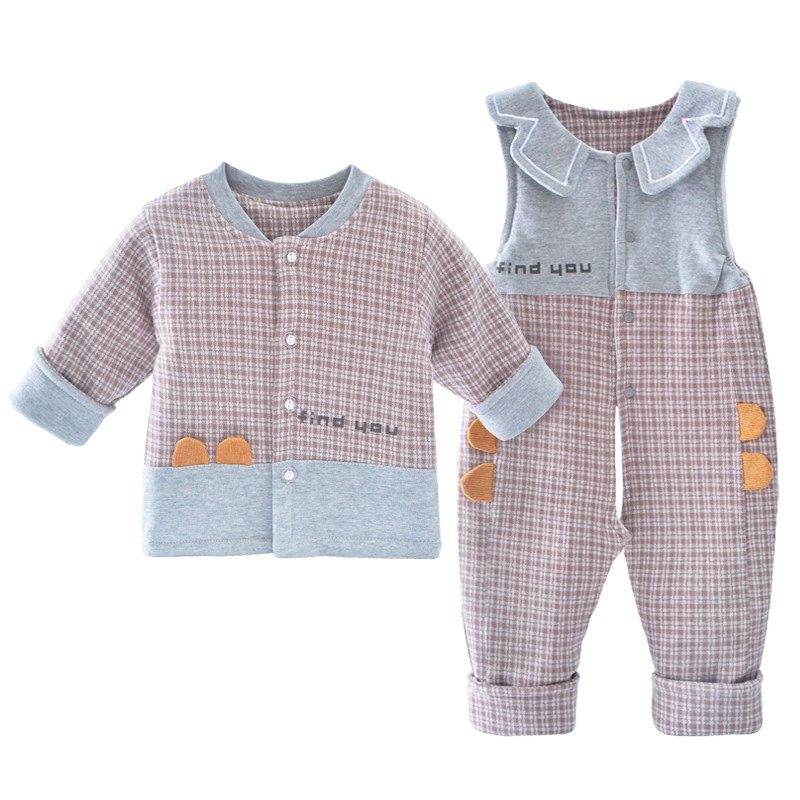 男女宝宝薄棉衣背带裤套装3-6个月婴儿春季双层夹棉衣服小孩两件