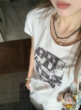 Oguuo 复古美式印花白色t恤女春夏宽松百搭休闲圆领短袖内搭上衣