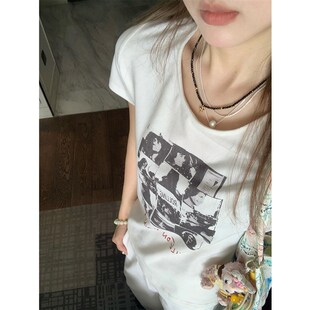 Oguuo 复古美式印花白色t恤女春夏宽松百搭休闲圆领短袖内搭上衣