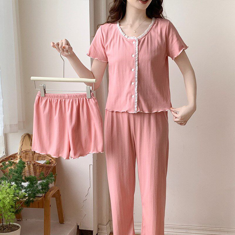 睡衣女夏季纯棉短袖长裤三件套2024新款高级感简约豆沙女士家居服