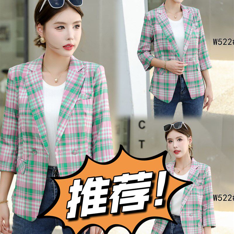 2024女装新款时尚气质修身显瘦休闲百搭格子西服外套