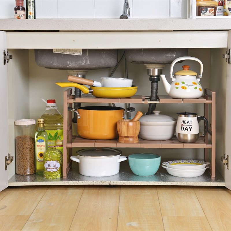 水槽置物架 可伸缩落地锅架下多层橱柜收纳储物架 厨房收纳架