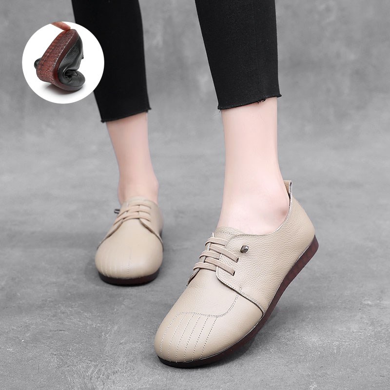 真皮牛筋底软底妈妈鞋舒适平底单鞋女牛皮春一脚蹬豆豆鞋休闲女鞋