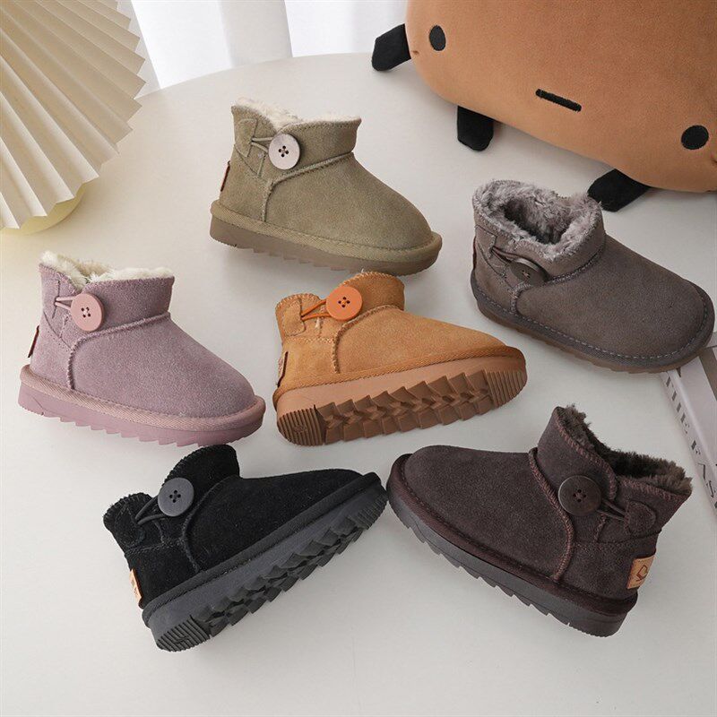 儿童雪靴真皮钮扣2023冬季男女童大棉磨砂皮短靴宝宝软底棉鞋潮