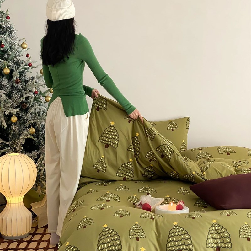 圣诞款针织棉印花四件套雪人麋鹿姜饼人圣诞节礼物天竺棉被套床单