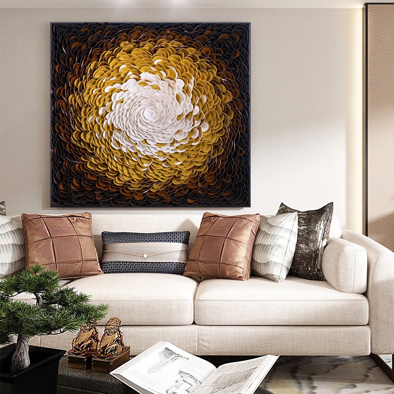 现代中式立体壁画软装皮革客厅沙发实物画样板房卧室床头单幅挂画