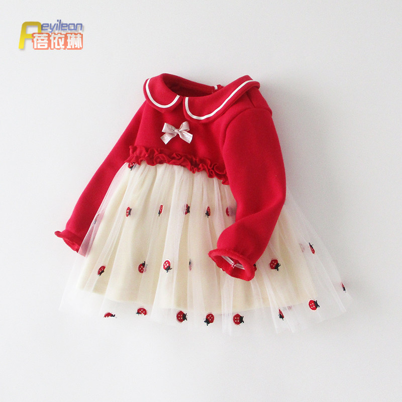 女童宝宝秋冬装连衣裙服加绒婴儿童公主裙子红色初冬季1一2岁生日