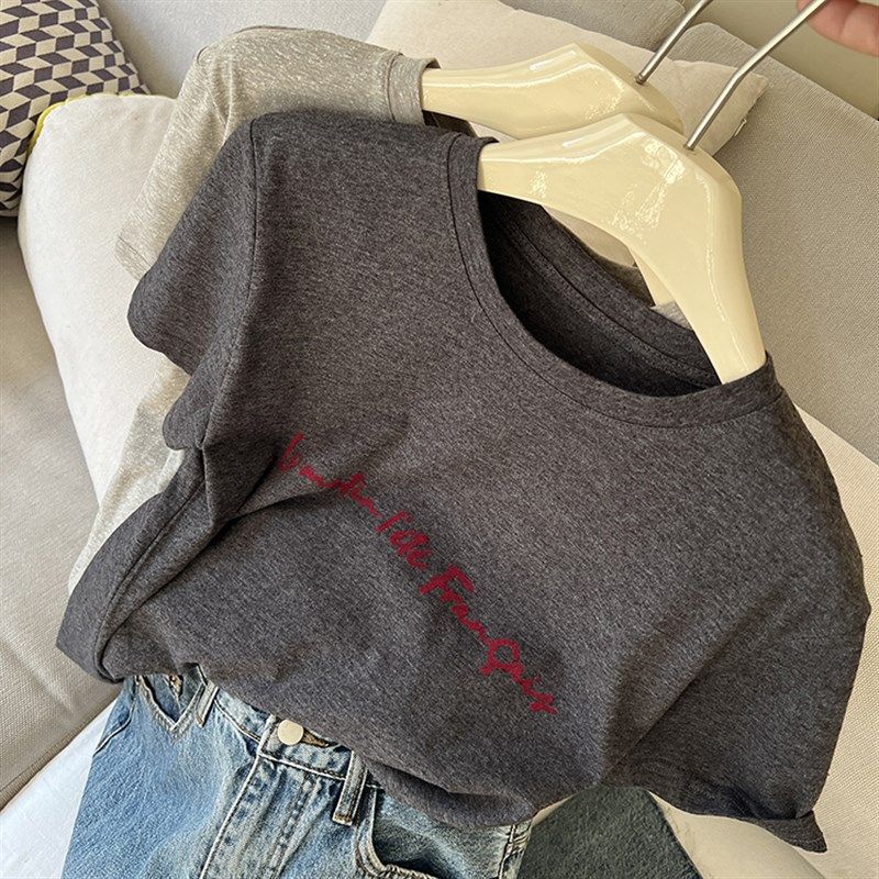 美式复古灰色短袖t恤女夏季新款亚麻字母植绒体恤衫宽松休闲上衣,女装/女士精品,T恤,淘宝优惠券,粉丝福利购,淘宝优惠卷