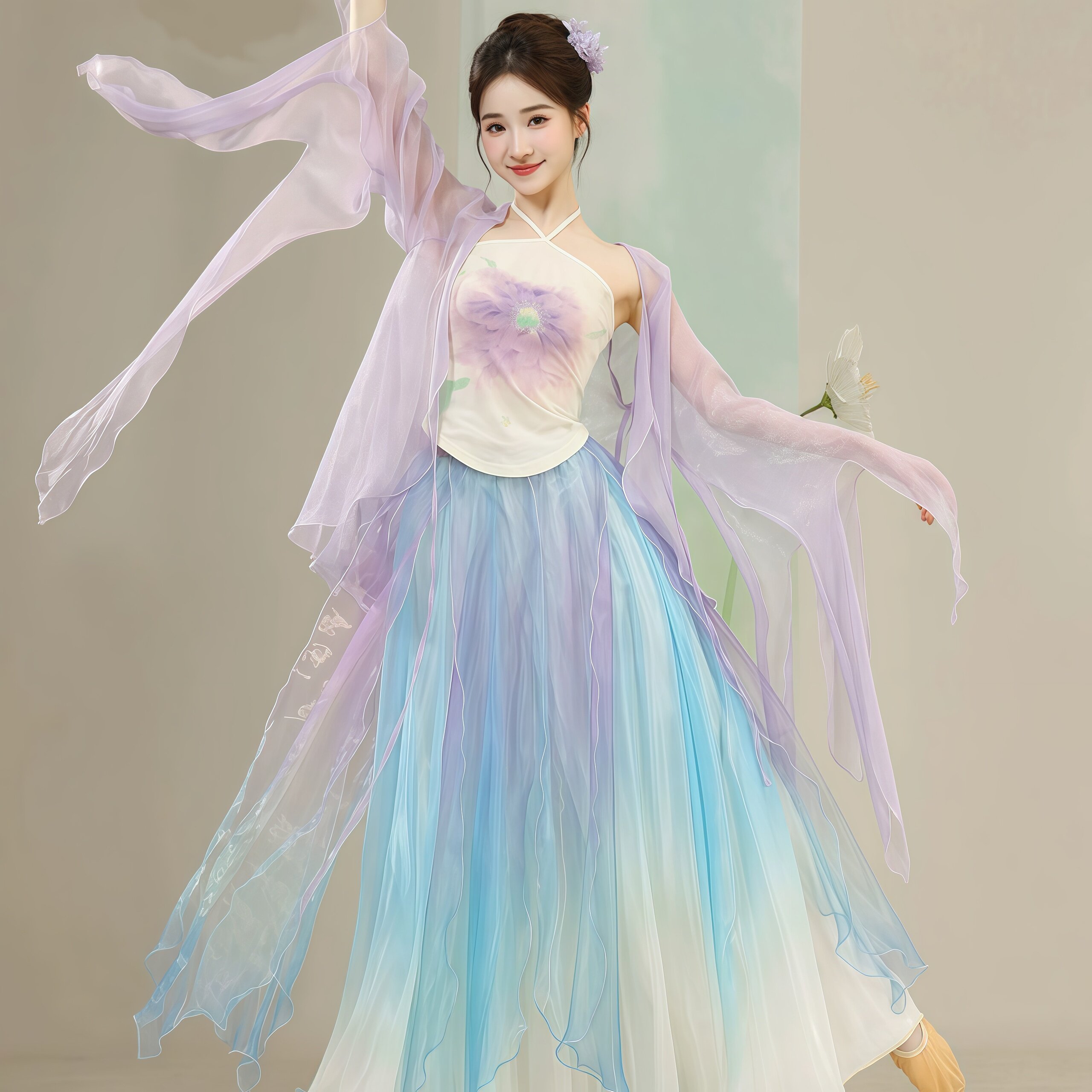新款古典舞服新中式仙气蝴蝶袖纱衣渐变大摆裙中国舞表演演出舞服