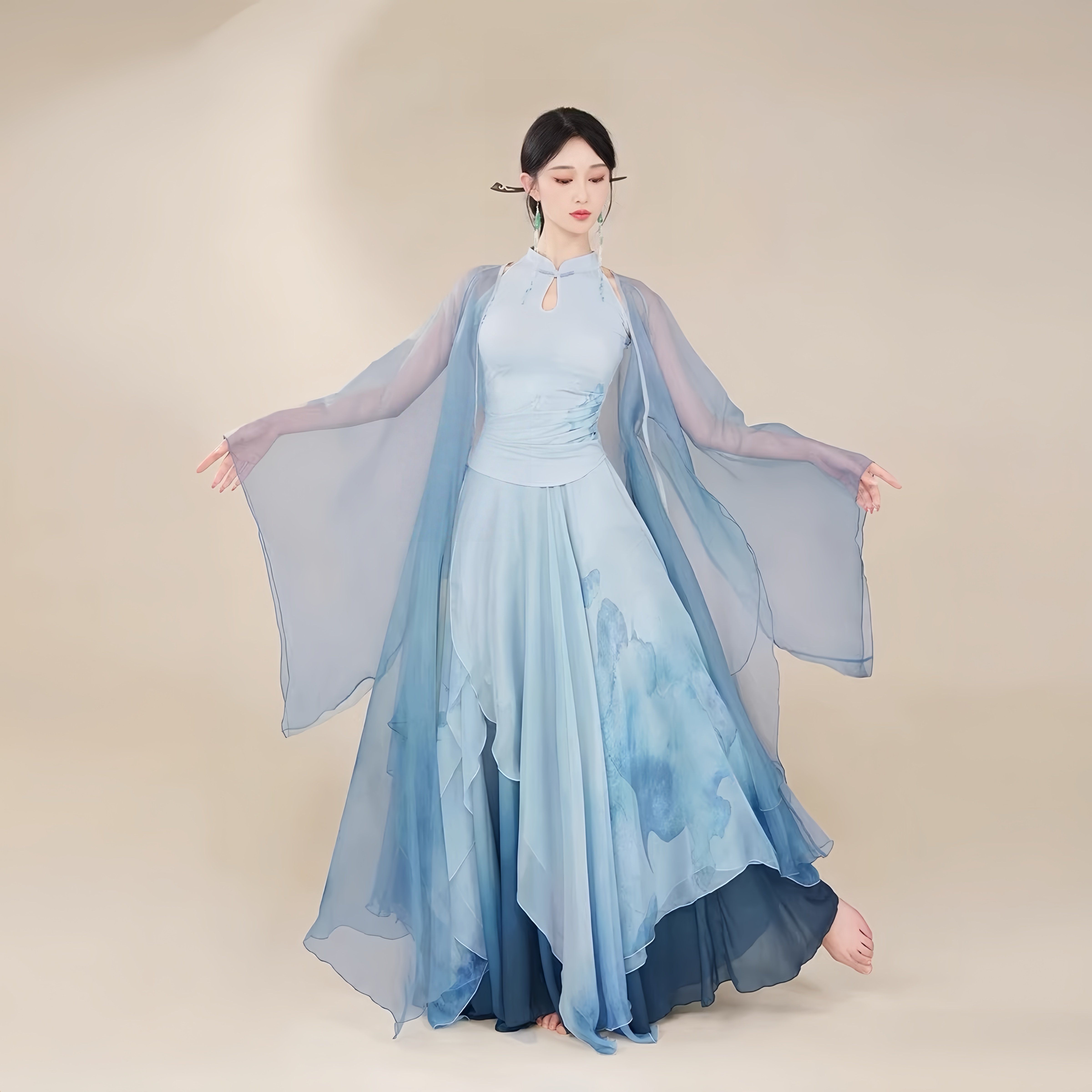 古典舞水墨晕染旗袍大裙摆舞蹈服
