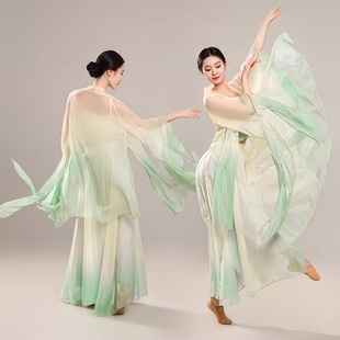 古典舞仙气古风身韵中国演出服绿色系渐变飘逸纱衣练功大摆裙套装