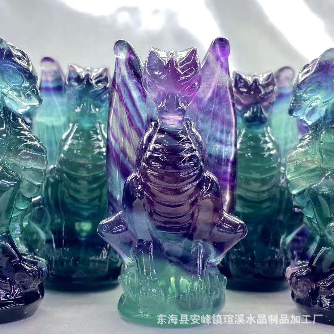 厂家水晶摆件天然七彩莹石霸王飞龙手工雕刻件家居水晶工艺品