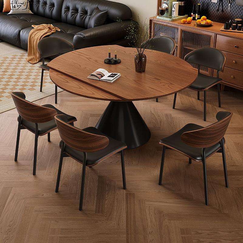 中古风白蜡木纹伸缩实木餐桌可变圆桌折叠家用小户型复古桌椅组合