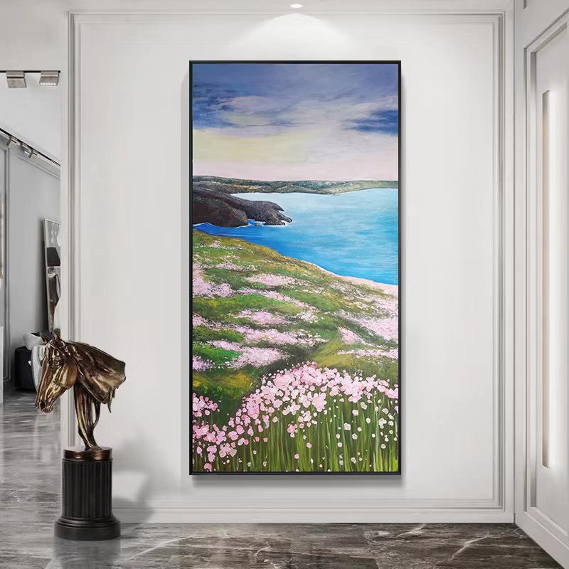 纯手绘花海景油画客厅玄关竖款大尺寸装饰画地中海田园风景挂画