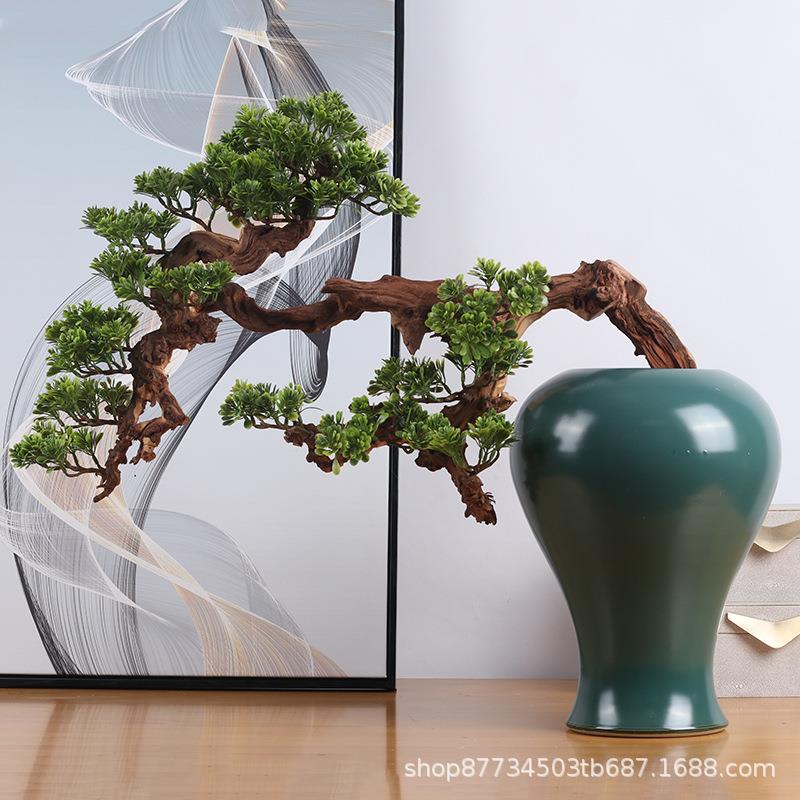 新中式软装饰品禅意酒店客厅玄关仿真盆栽盆景大型迎客松枯树摆件