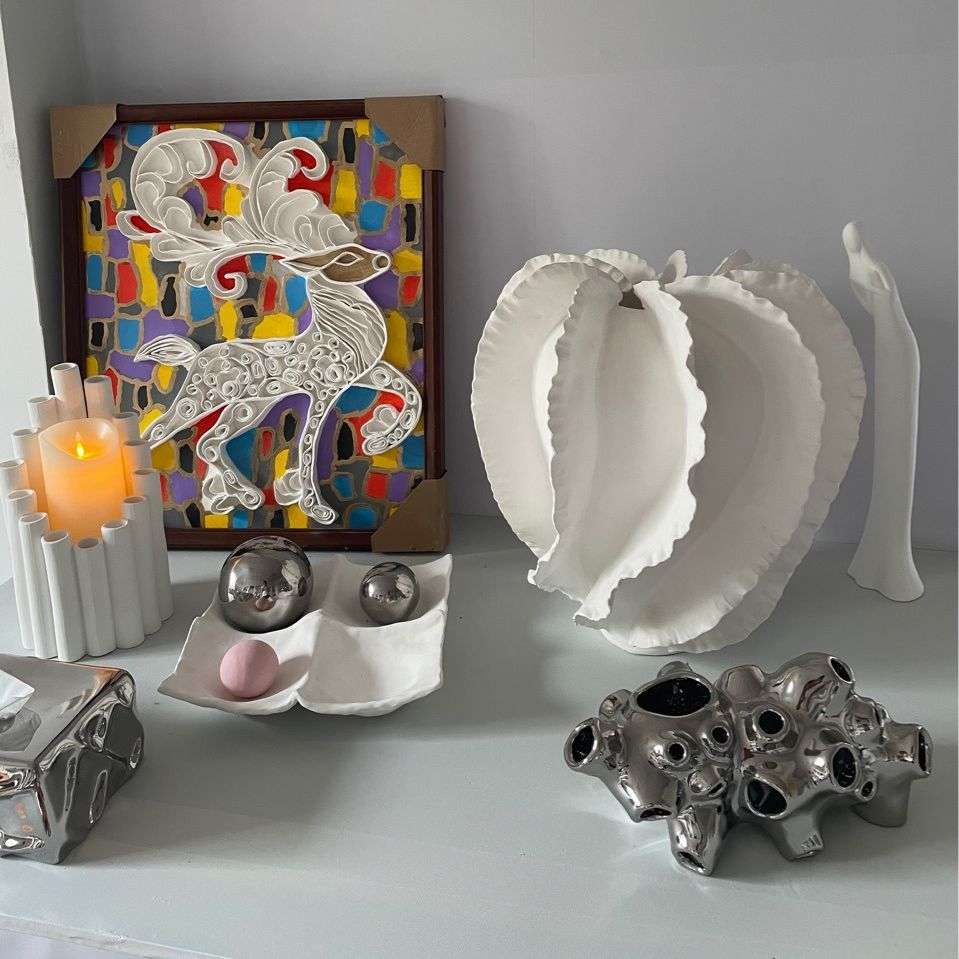 极简约现代白色陶瓷花瓶立体手工海浪纹艺术品美术馆展台插干花器