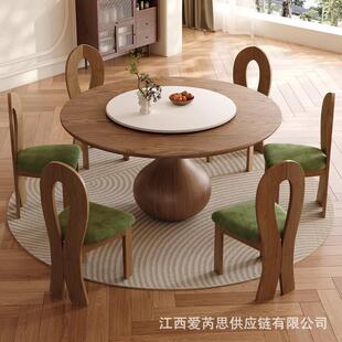 中古风实木餐桌椅组合小户型家用圆桌带转盘法式复古餐厅吃饭桌子