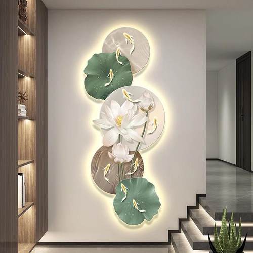 九鱼荷花入户玄关装饰画高档次发光带灯竖版灯画走廊过道尽头挂画