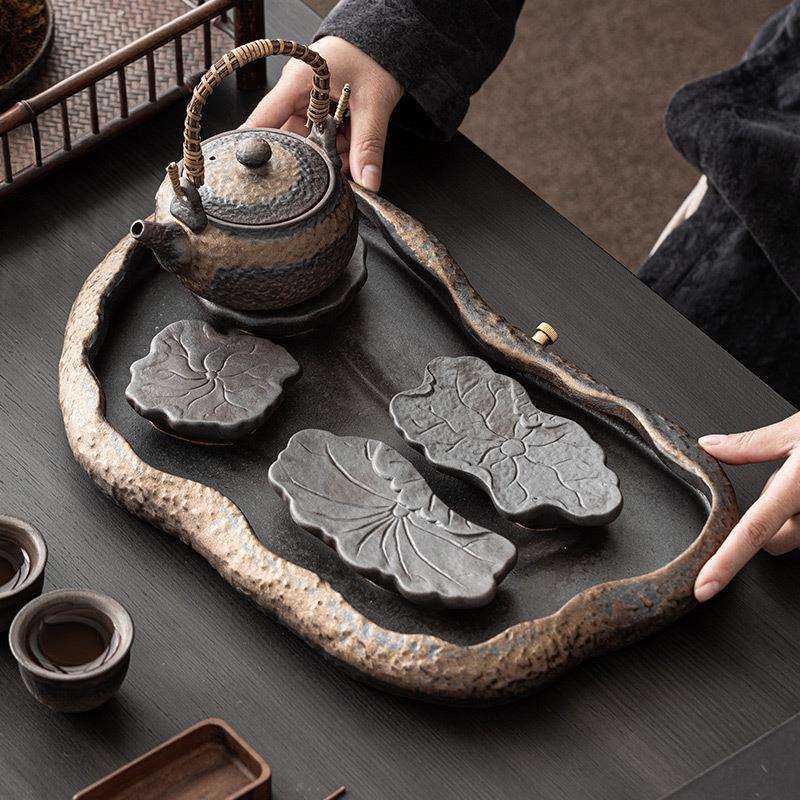 中式荷叶茶盘家用客厅小型陶瓷复古茶几干泡台储水排水式泡茶托盘