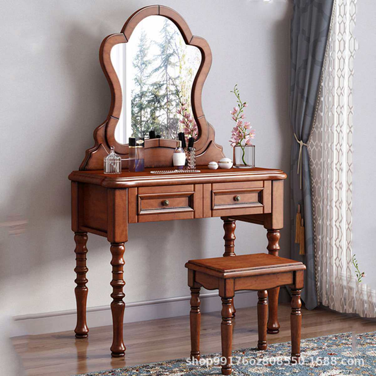 美式实木梳妆台桃花芯木现代简约欧式美式乡村化妆柜带梳妆镜妆凳