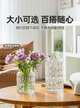 花瓶玻璃感大口径矮款宽口透明鲜花水养水培玫瑰摆件客厅插花