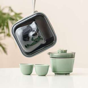 中式越窑青瓷茶壶茶杯陶瓷功夫泡茶快客杯户外露营旅行茶具便携式