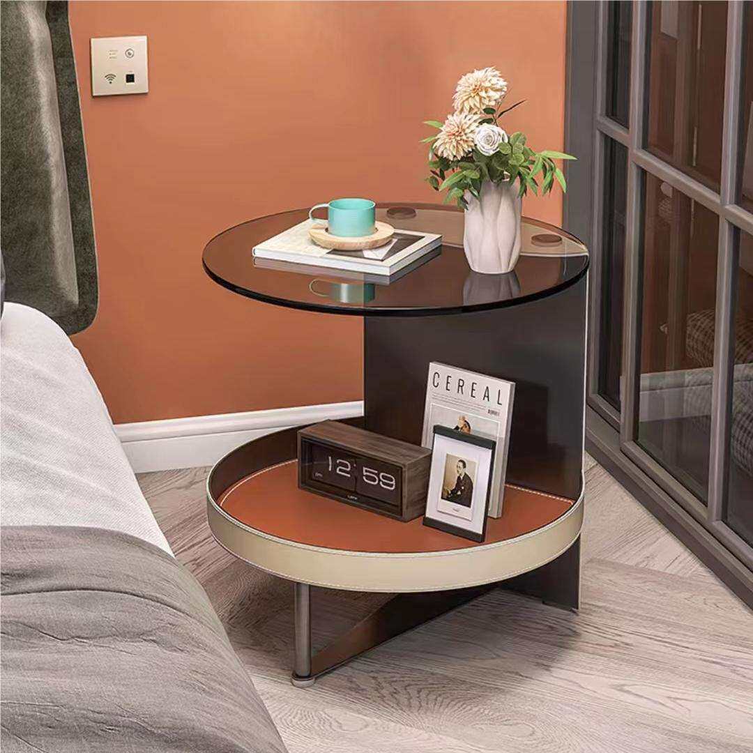 创意轻奢现代简约床头柜钢化玻璃小桌子收纳马鞍皮客厅沙发小边几